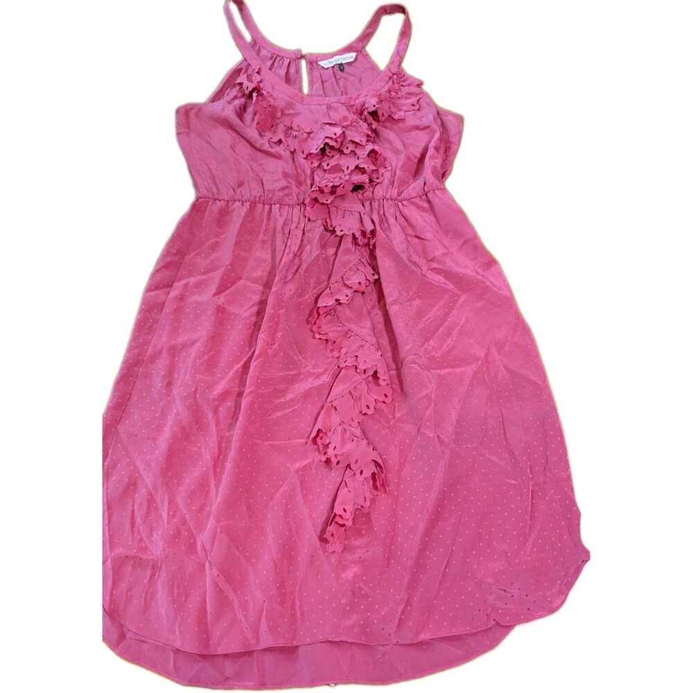 REBECCA TAYLOR Pink Silk Dress Sz 8 Ruffle Eyelet Jacquard Dot Mini Halter Pocke
